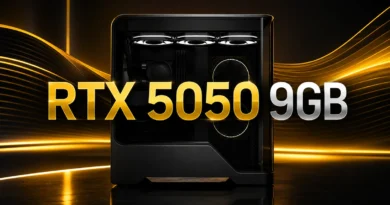 RTX 5050 de 9 GB en un gabinete de PC, destacando el diseño moderno y la iluminación en fondo dorado.