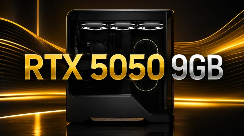 RTX 5050 de 9 GB en un gabinete de PC, destacando el diseño moderno y la iluminación en fondo dorado.