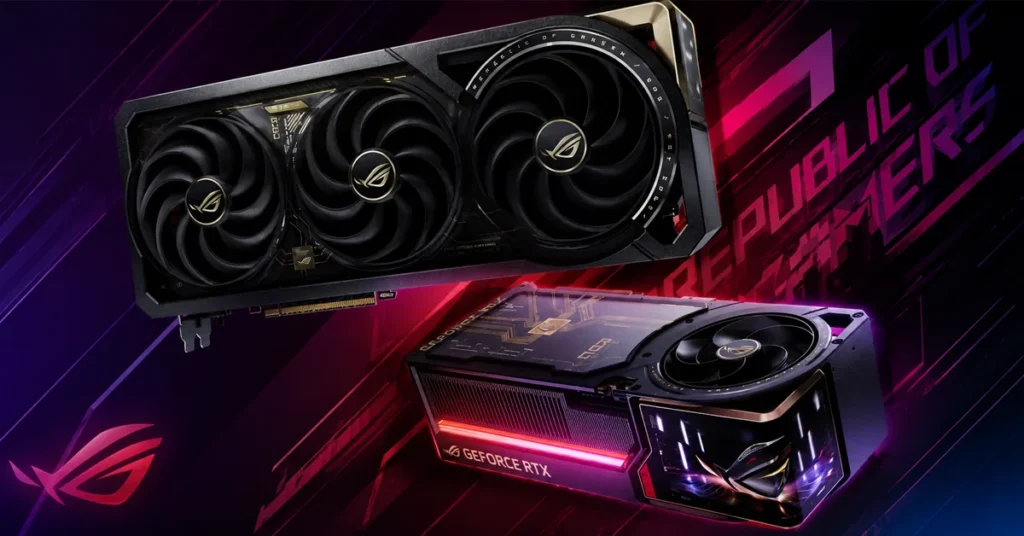 Dos tarjetas gráficas ROG con diseño negro y dorado, ventiladores grandes, resaltadas sobre un fondo colorido y dinámico con texto estilizado.