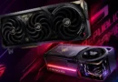 Dos tarjetas gráficas ROG con diseño negro y dorado, ventiladores grandes, resaltadas sobre un fondo colorido y dinámico con texto estilizado.