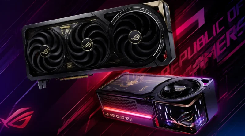 Dos tarjetas gráficas ROG con diseño negro y dorado, ventiladores grandes, resaltadas sobre un fondo colorido y dinámico con texto estilizado.