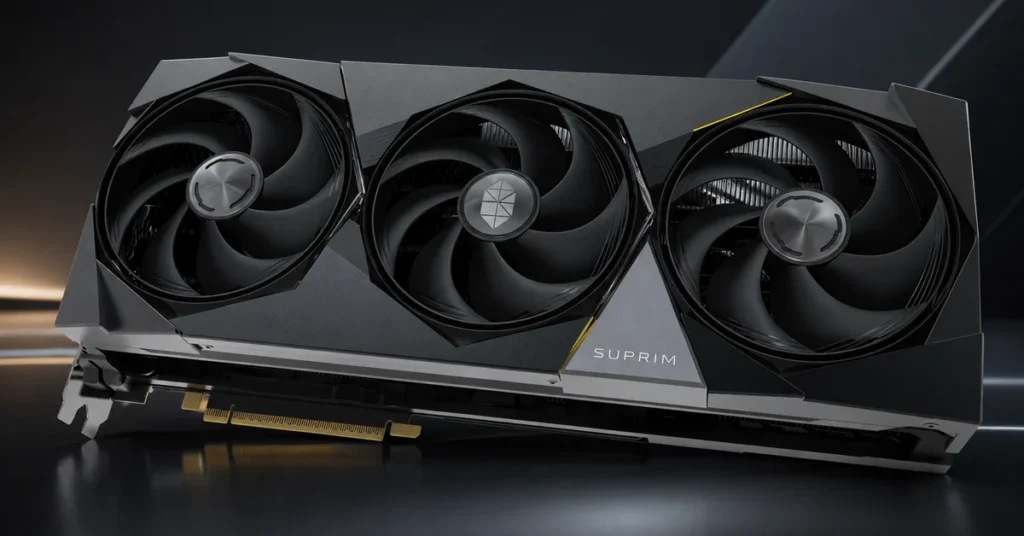 Tarjeta gráfica con diseño elegante en tonos negro y gris, equipada con tres ventiladores de alto rendimiento y el logo "SUPRIM".