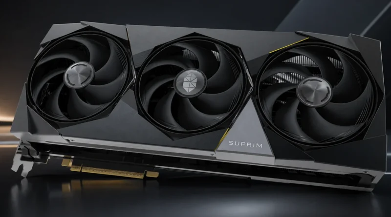Tarjeta gráfica con diseño elegante en tonos negro y gris, equipada con tres ventiladores de alto rendimiento y el logo "SUPRIM".