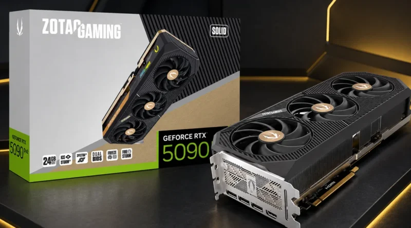 Tarjeta gráfica ZOTAC GAMING GeForce RTX 5090 con caja, destacando su diseño y especificaciones.