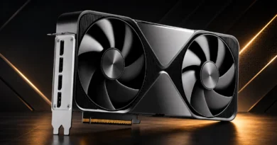 GPU NVIDIA RTX PRO 6000 Blackwell destacada en un fondo oscuro, mostrando su diseño y conectores traseros.