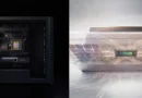 Vista de un chasis de computadora negro mostrando su interior con una tarjeta gráfica y un diseño de circuitos en un fondo ligero.