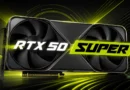 Tarjeta gráfica con diseño negro y detalles en verde, presenta los textos "RTX 50" y "SUPER", estilizado sobre fondo dinámico.