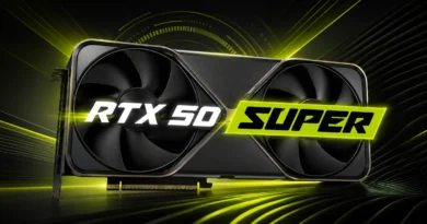 Tarjeta gráfica con diseño negro y detalles en verde, presenta los textos "RTX 50" y "SUPER", estilizado sobre fondo dinámico.