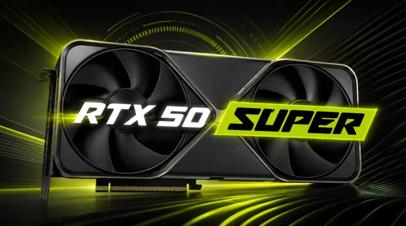 Tarjeta gráfica con diseño negro y detalles en verde, presenta los textos "RTX 50" y "SUPER", estilizado sobre fondo dinámico.