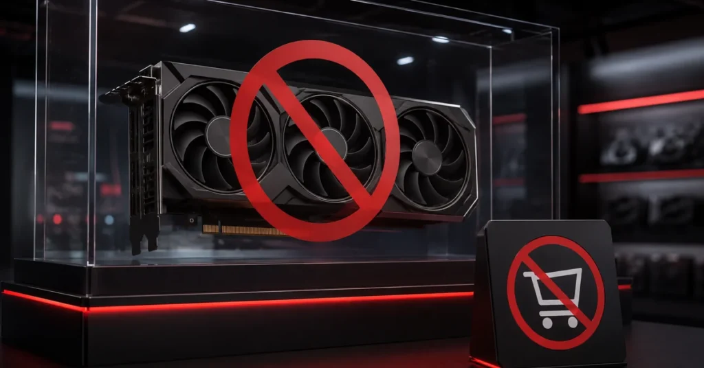 Tarjeta gráfica Radeon RX 9070 en vitrina con símbolo de prohibición en primer plano y cartel que indica la imposibilidad de comprar.