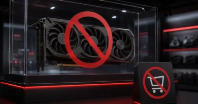 Tarjeta gráfica Radeon RX 9070 en vitrina con símbolo de prohibición en primer plano y cartel que indica la imposibilidad de comprar.