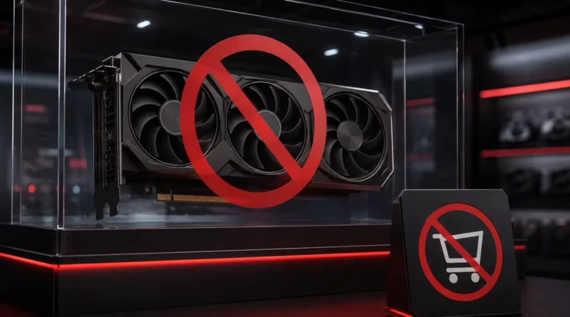 Tarjeta gráfica Radeon RX 9070 en vitrina con símbolo de prohibición en primer plano y cartel que indica la imposibilidad de comprar.