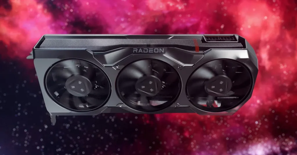 Radeon RX 9000 en un fondo galáctico, destacando su diseño y sistema de refrigeración.