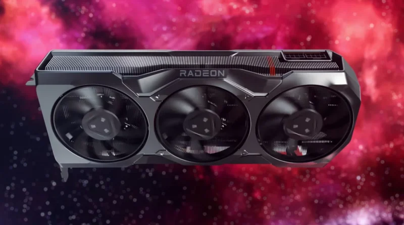 Radeon RX 9000 en un fondo galáctico, destacando su diseño y sistema de refrigeración.
