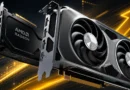 Tarjeta gráfica Radeon de AMD con diseño moderno y dos ventiladores, en un fondo con gráficos de aumento.