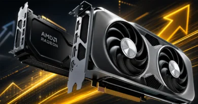 Tarjeta gráfica Radeon de AMD con diseño moderno y dos ventiladores, en un fondo con gráficos de aumento.