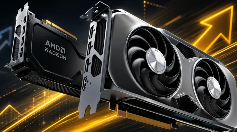 Tarjeta gráfica Radeon de AMD con diseño moderno y dos ventiladores, en un fondo con gráficos de aumento.