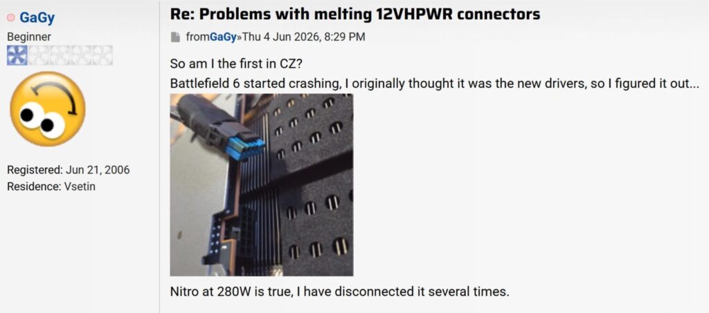 Conector 12VHPWR que presenta fusión; discusión sobre problemas de temperatura en la Sapphire RX 9070 XT.