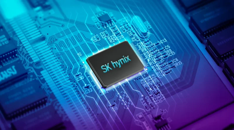 Chip de memoria SK hynix sobre un fondo de circuito digital azul y púrpura, destacando sus conexiones y detalles tecnológicos.