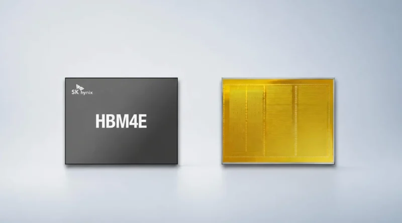 HBM4E de SK hynix, muestra de memoria con 48 GB y 16 Gbps por pin, resaltando su diseño innovador.