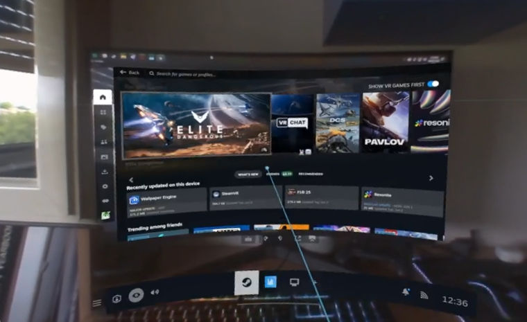 Interfaz de Steam en un visor VR, mostrando juegos destacados en un diseño curvado, con colores oscuros y botones interactivos.