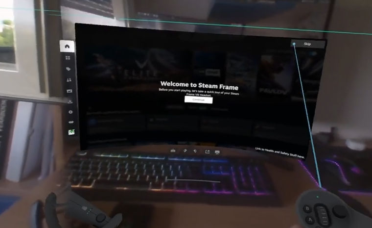 Pantalla virtual mostrando un mensaje de bienvenida a Steam Frame con controles en primer plano y un teclado iluminado al fondo.