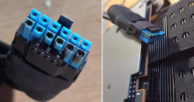 Conector de alimentación de la GPU Sapphire RX 9070 XT con daños visibles, relacionado con fallas térmicas reportadas.