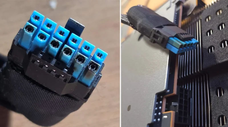 Conector de alimentación de la GPU Sapphire RX 9070 XT con daños visibles, relacionado con fallas térmicas reportadas.