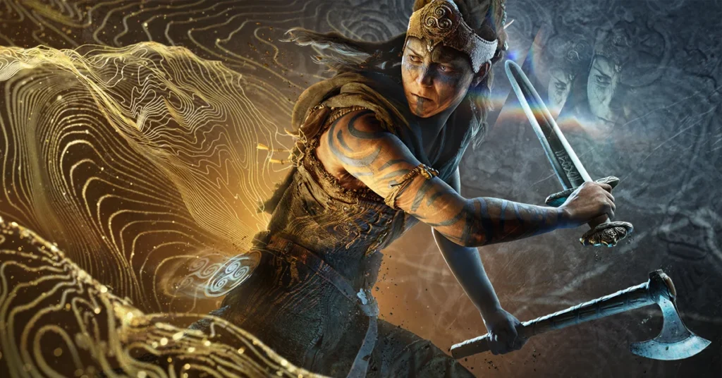 Personaje de videojuego con espadas en un fondo abstracto, representando el estilo artístico de Hellblade y Microsoft Xbox.