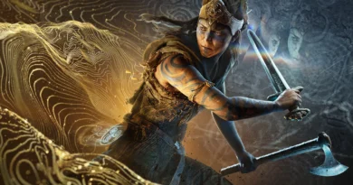 Personaje de videojuego con espadas en un fondo abstracto, representando el estilo artístico de Hellblade y Microsoft Xbox.