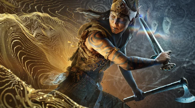 Personaje de videojuego con espadas en un fondo abstracto, representando el estilo artístico de Hellblade y Microsoft Xbox.
