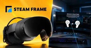 Auriculares de realidad virtual junto a una pantalla que muestra la interfaz del software Steam Frame, con controles de juego.