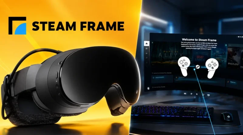 Auriculares de realidad virtual junto a una pantalla que muestra la interfaz del software Steam Frame, con controles de juego.