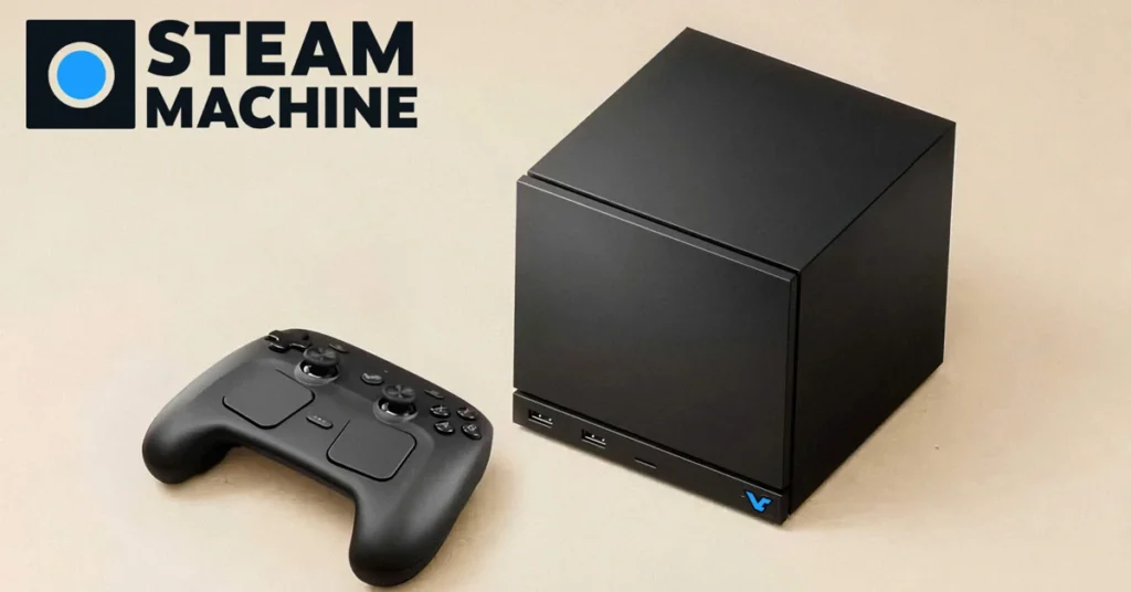 Steam Machine negra en un fondo beige, acompañada de un control; destaca su diseño compacto para juegos.
