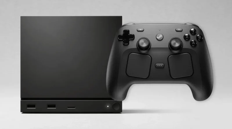 Consola negra rectangular junto a un controlador negro, ambos con diseño minimalista y botones visibles, sobre fondo gris claro.