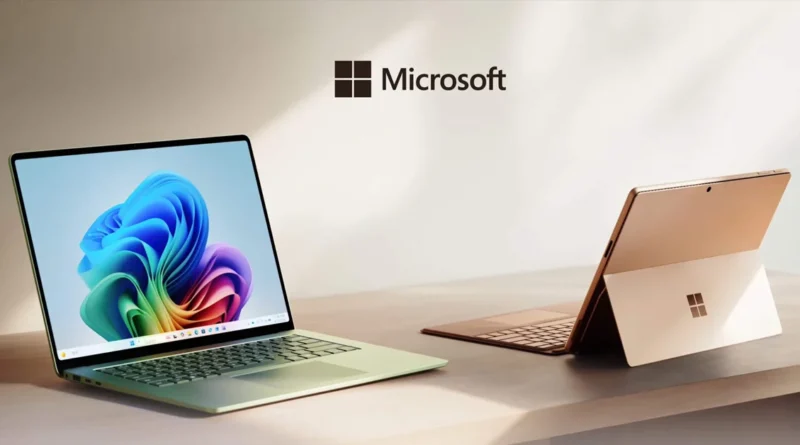 Laptop y tablet de Microsoft sobre una mesa, presentando el logo de la marca y el nuevo diseño de la familia Surface.