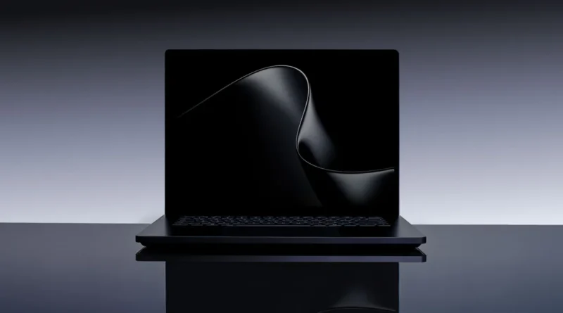 Portátil negro con pantalla oscura y suave curva en el fondo, sobre una superficie reflejante, en un entorno minimalista.