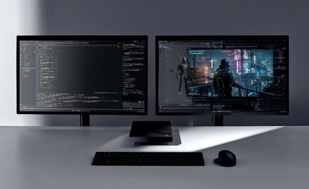 Dos monitores en un escritorio, uno mostrando código en una pantalla oscura y el otro una escena futurista iluminada con neón, teclado y ratón en primer plano.