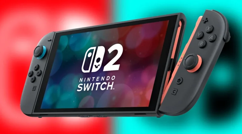 Consola Nintendo Switch 2 en primer plano, con colores rojo y azul de fondo, controladores Joy-Con resaltados en naranja y negro.