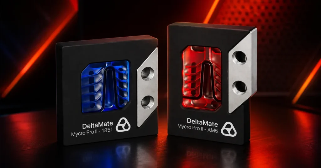 DeltaMate Mycro Pro II para AM5 y LGA1851, con microaletas especializadas en color azul y rojo.