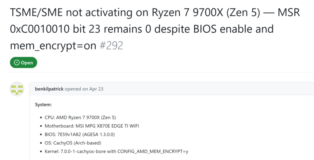 Error de TSME/SME en Ryzen 7 9700X con información del sistema y configuración BIOS.