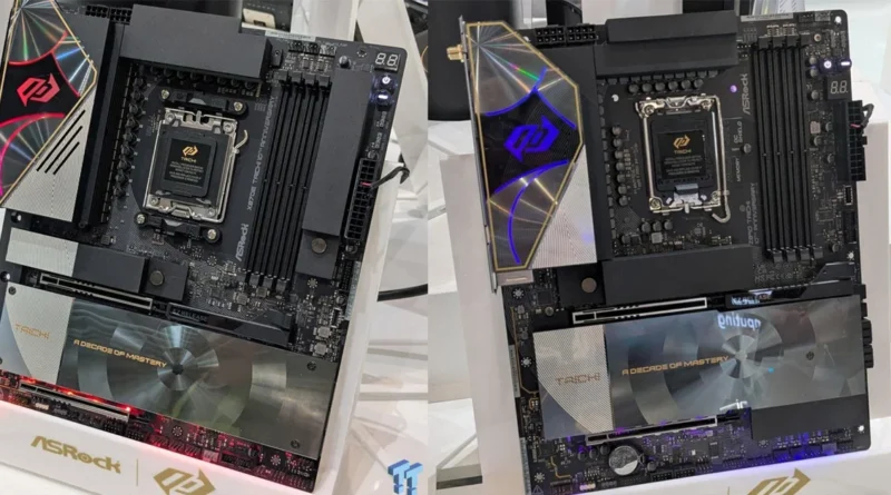 Dos placas base ASRock Taichi, una con diseño negro y detalles en RGB, y otra con paneles brillantes, ambas destacando su estética innovadora.