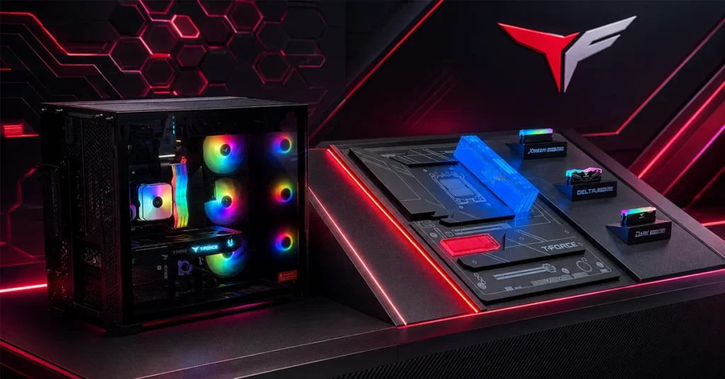 Configuración de hardware con un gabinete negro y ventiladores RGB, acompañado de un panel de control iluminado con colores vibrantes.