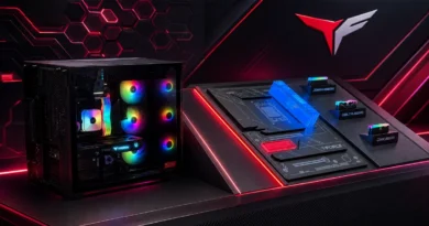 Configuración de hardware con un gabinete negro y ventiladores RGB, acompañado de un panel de control iluminado con colores vibrantes.