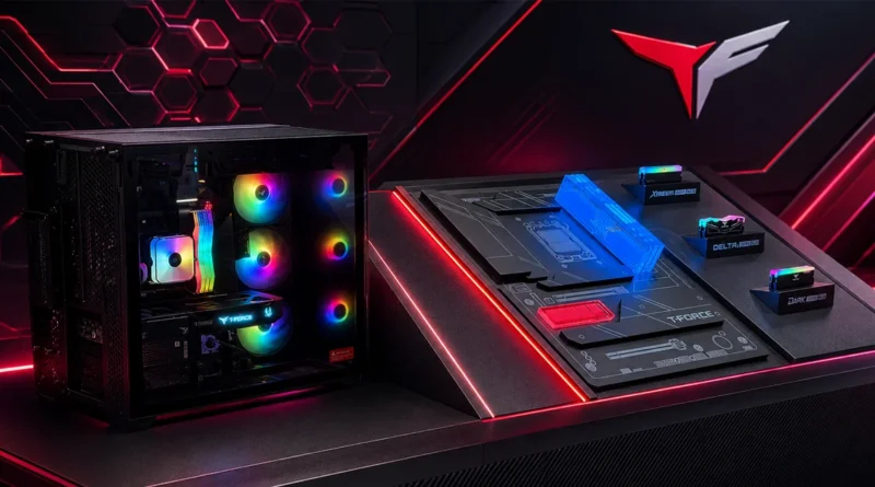 Configuración de hardware con un gabinete negro y ventiladores RGB, acompañado de un panel de control iluminado con colores vibrantes.