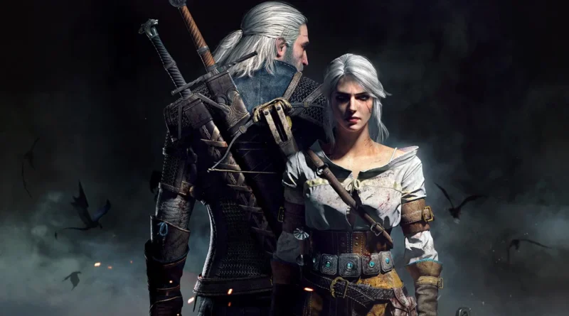 Geralt y Ciri de The Witcher, retratados juntos en un entorno oscuro y misterioso, simbolizando su conexión en la saga.