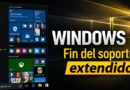 Interfaz de Windows 10 mostrando el mensaje "Fin del soporte extendido" con icons de aplicaciones y el logo de Microsoft.