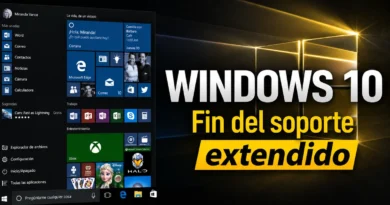 Interfaz de Windows 10 mostrando el mensaje "Fin del soporte extendido" con icons de aplicaciones y el logo de Microsoft.
