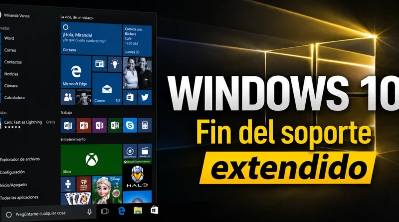 Interfaz de Windows 10 mostrando el mensaje "Fin del soporte extendido" con icons de aplicaciones y el logo de Microsoft.