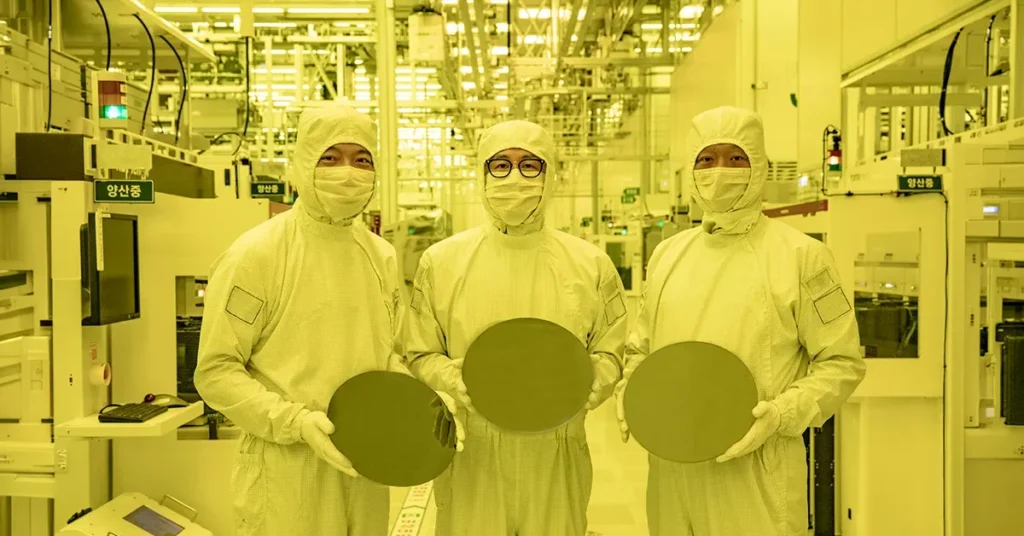 Tres trabajadores sostienen obleas de silicio en una sala de producción de semiconductores, destacando la demanda de chips para IA.
